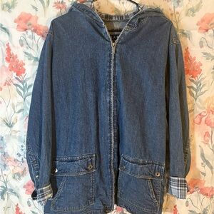 Vintage Denim Hooded Jacket with Plaid Lining